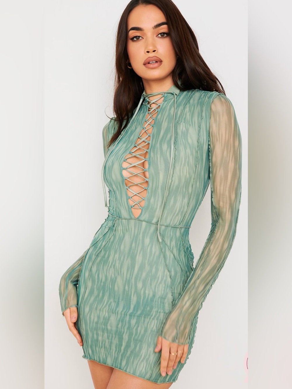 House of CB 'Dylan' Green Colour Ivy Printed Mesh Lace Up Mini Dress